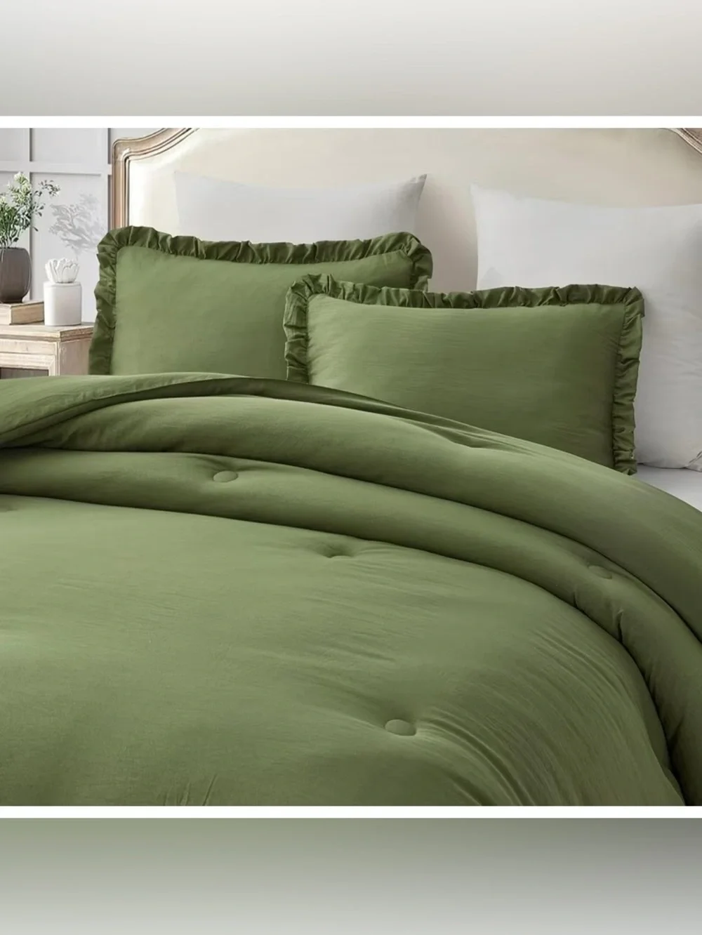 Olive Green Ruffled oversized queen 3 piece Comforter Set -